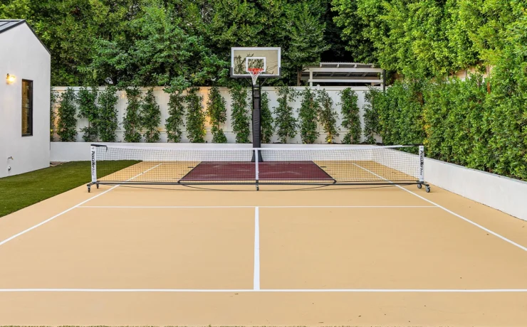 Modern backyard sports court with basketball hoop and net, surrounded by lush greenery and a small white building.