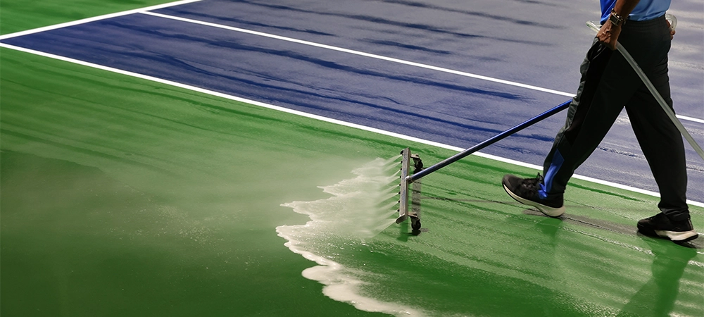 man washing and cleaning the tennis court before the match
