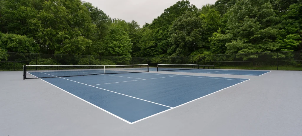Blue tennis court with white lines and gray out of bounds