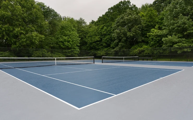 Blue tennis court with white lines and gray out of bounds