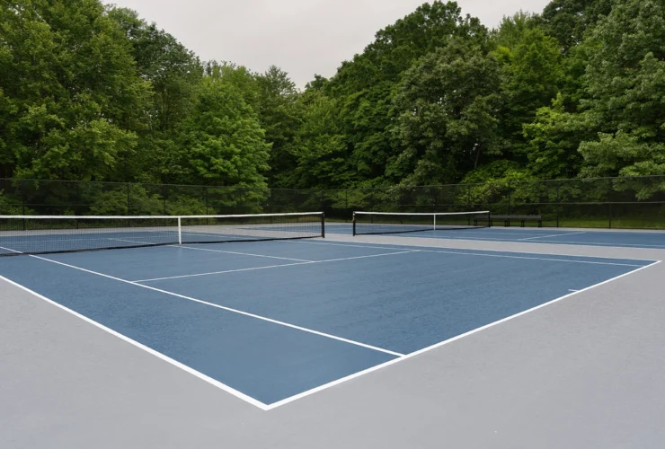 Blue tennis court with white lines and gray out of bounds