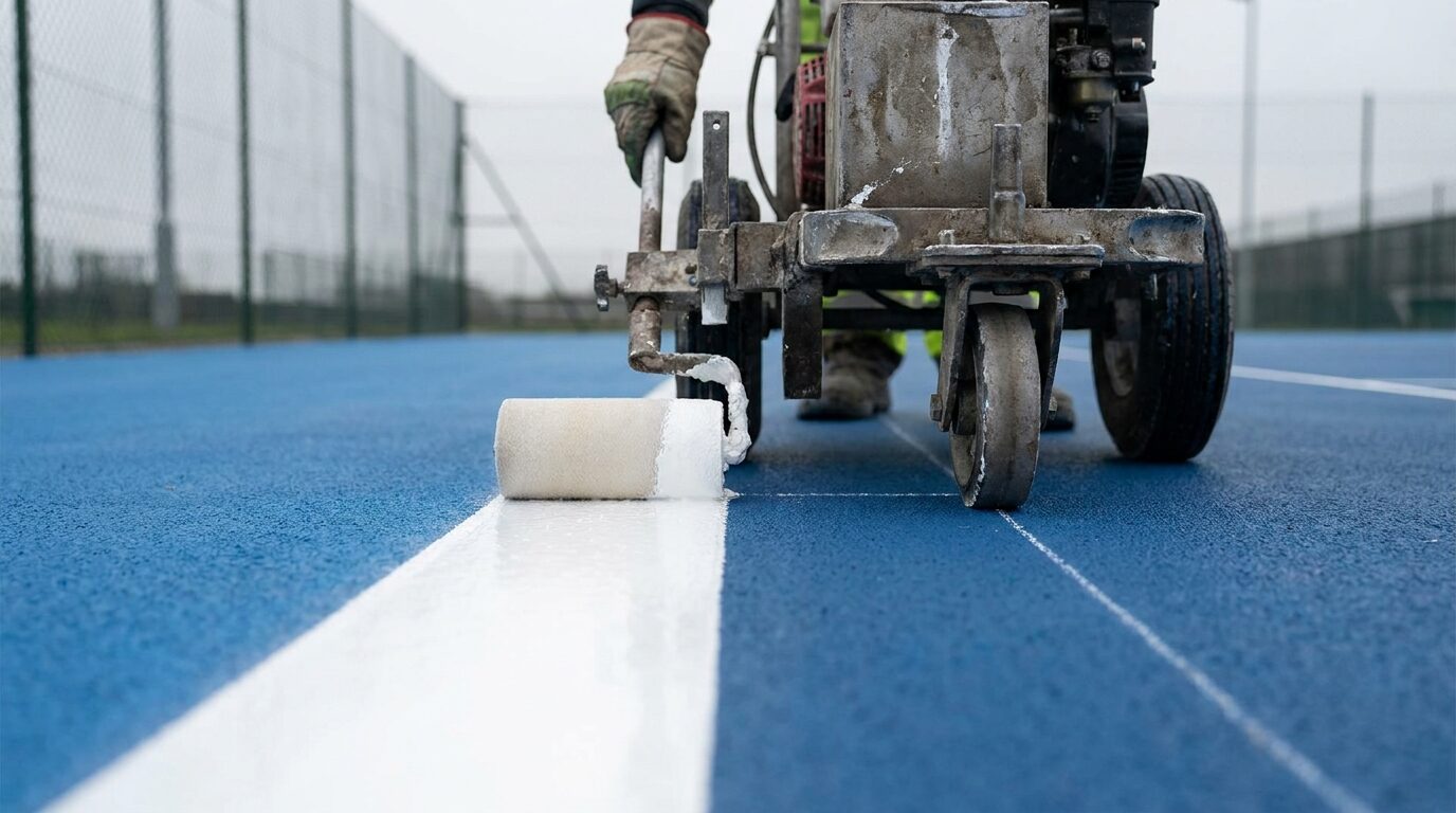 Line striping machine applying contrasting pickleball court lines on a resurfaced court