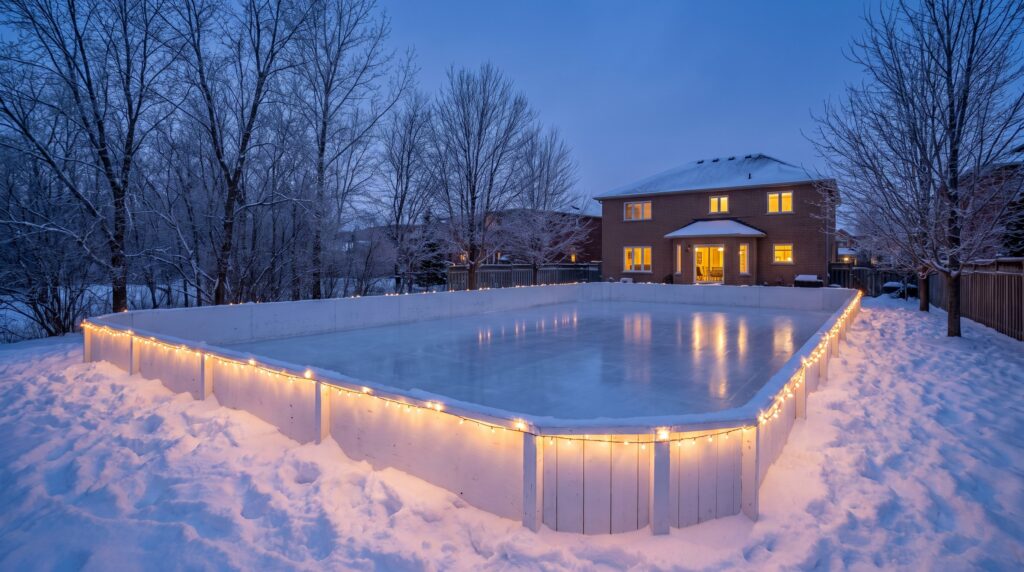 Professionally built backyard ice rink with white boards and reflective ice in a snowy Ontario backyard at dusk