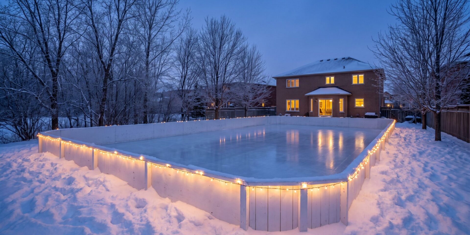 Professionally built backyard ice rink with white boards and reflective ice in a snowy Ontario backyard at dusk