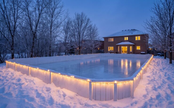 Professionally built backyard ice rink with white boards and reflective ice in a snowy Ontario backyard at dusk