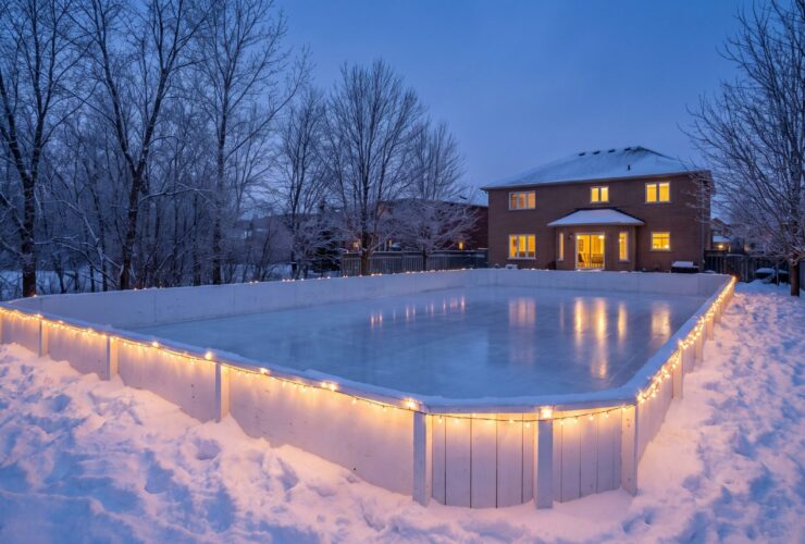 Professionally built backyard ice rink with white boards and reflective ice in a snowy Ontario backyard at dusk