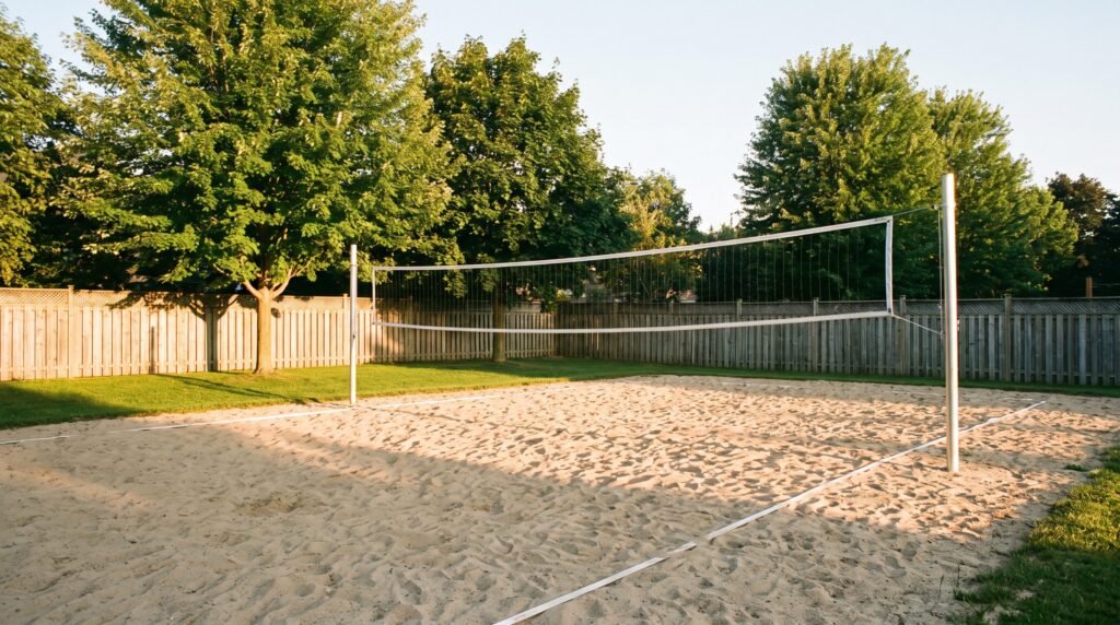 Professionally built backyard sand volleyball court with net and poles in a suburban Ontario yard at golden hour