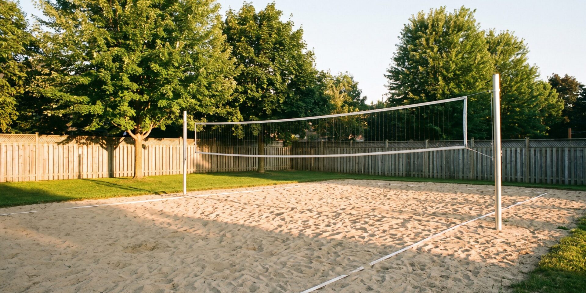 Professionally built backyard sand volleyball court with net and poles in a suburban Ontario yard at golden hour