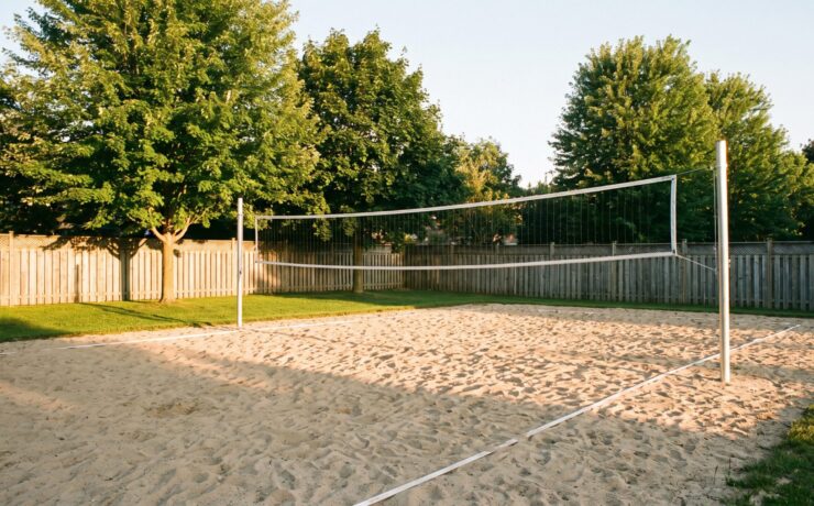 Professionally built backyard sand volleyball court with net and poles in a suburban Ontario yard at golden hour