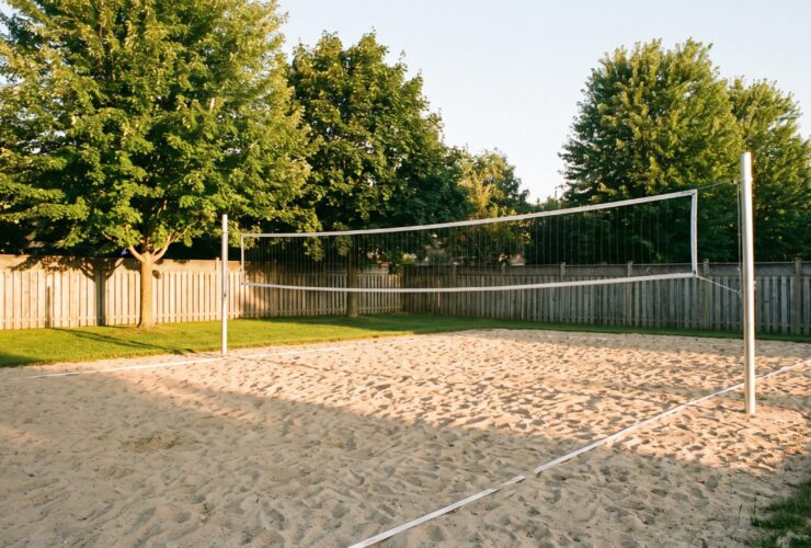 Professionally built backyard sand volleyball court with net and poles in a suburban Ontario yard at golden hour
