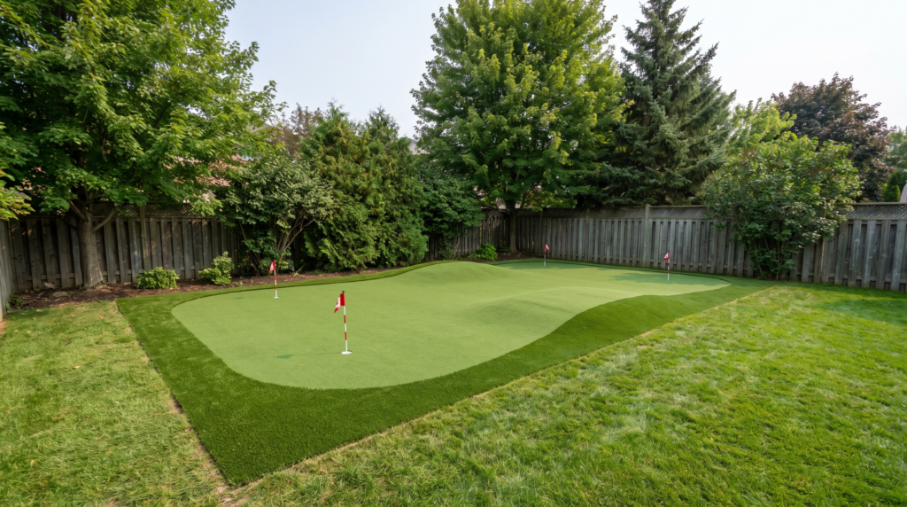 Finished backyard putting green with synthetic turf and gentle contours in an Ontario backyard