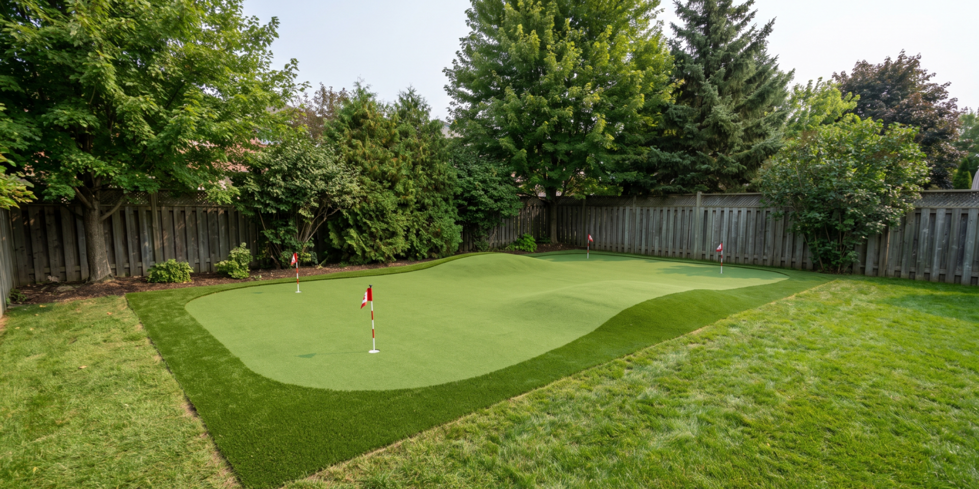 Finished backyard putting green with synthetic turf and gentle contours in an Ontario backyard
