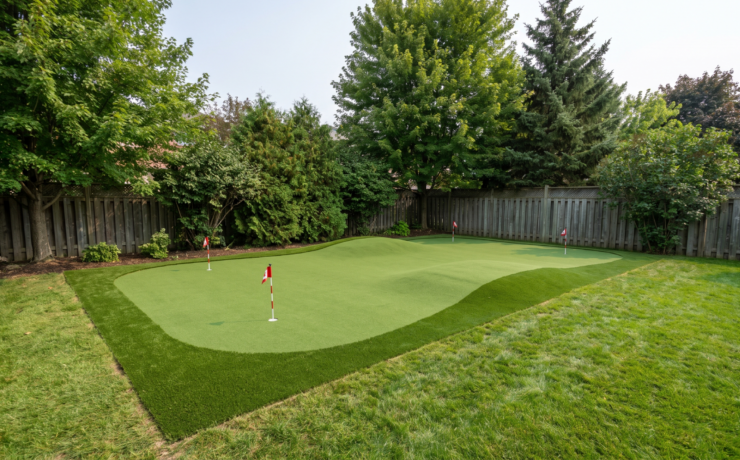 Finished backyard putting green with synthetic turf and gentle contours in an Ontario backyard