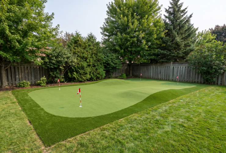 Finished backyard putting green with synthetic turf and gentle contours in an Ontario backyard