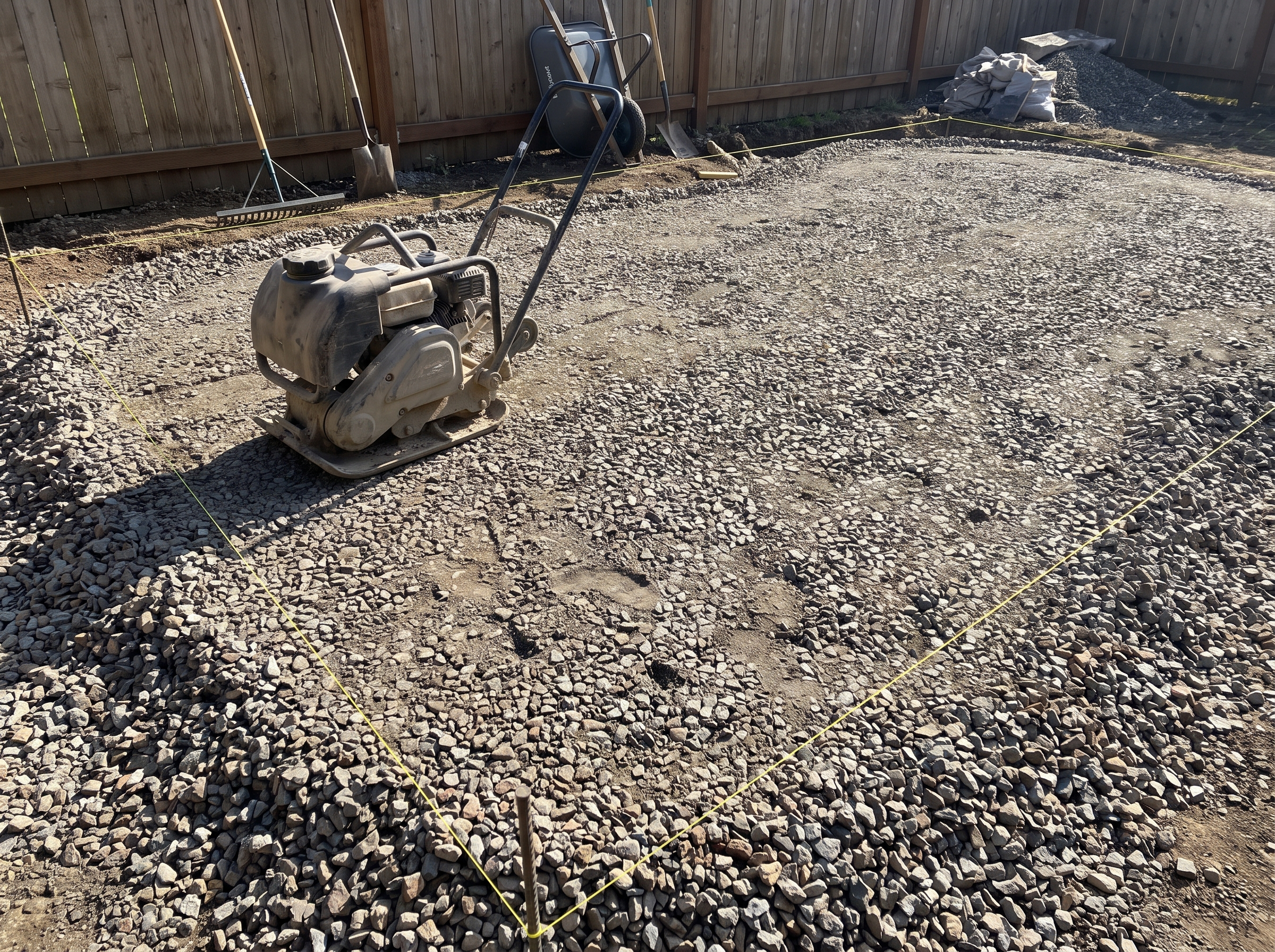 Compacted aggregate base being prepared and leveled for a backyard putting green installation