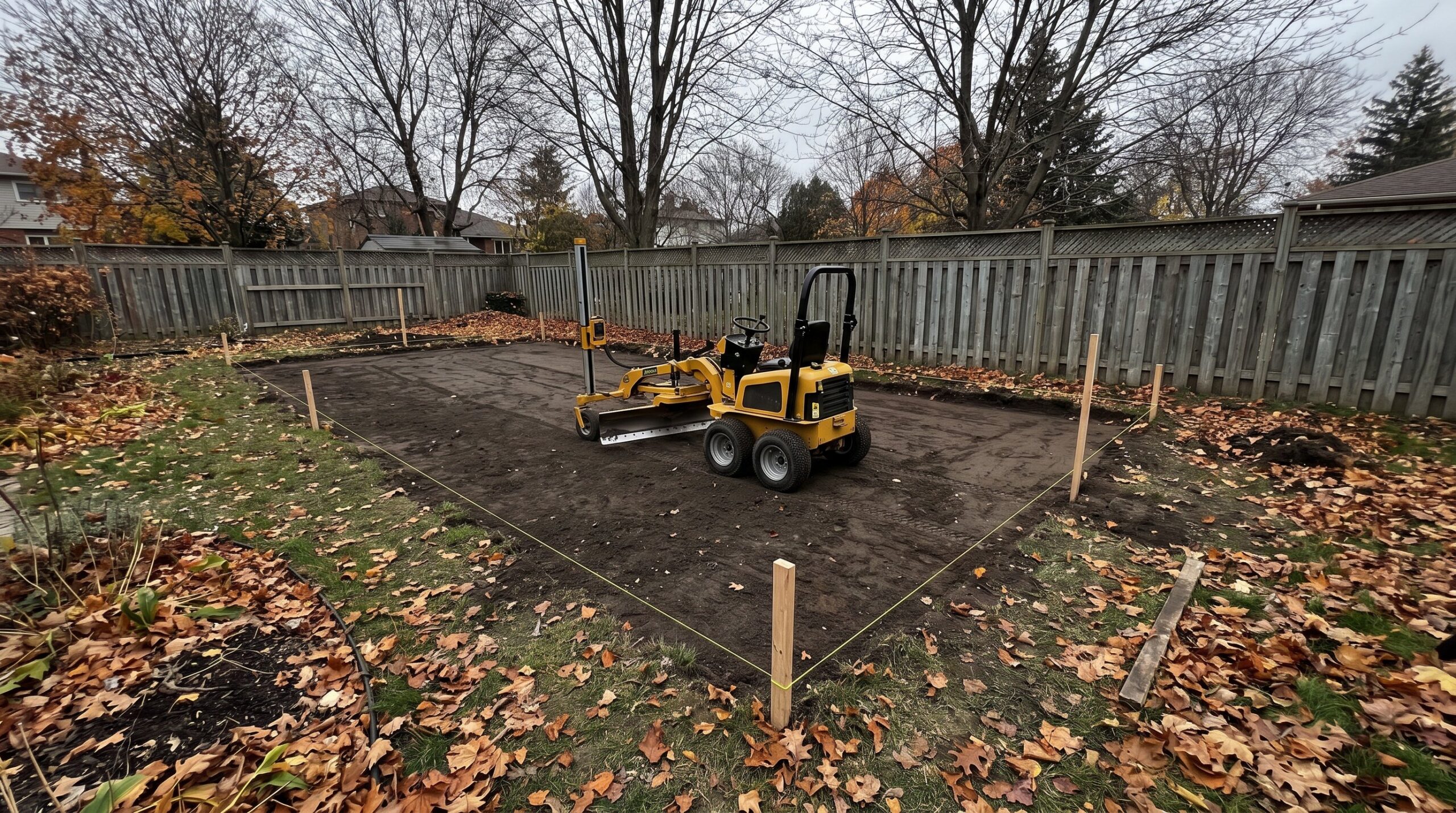 Laser-guided grading tool leveling a residential backyard base for a winter ice rink