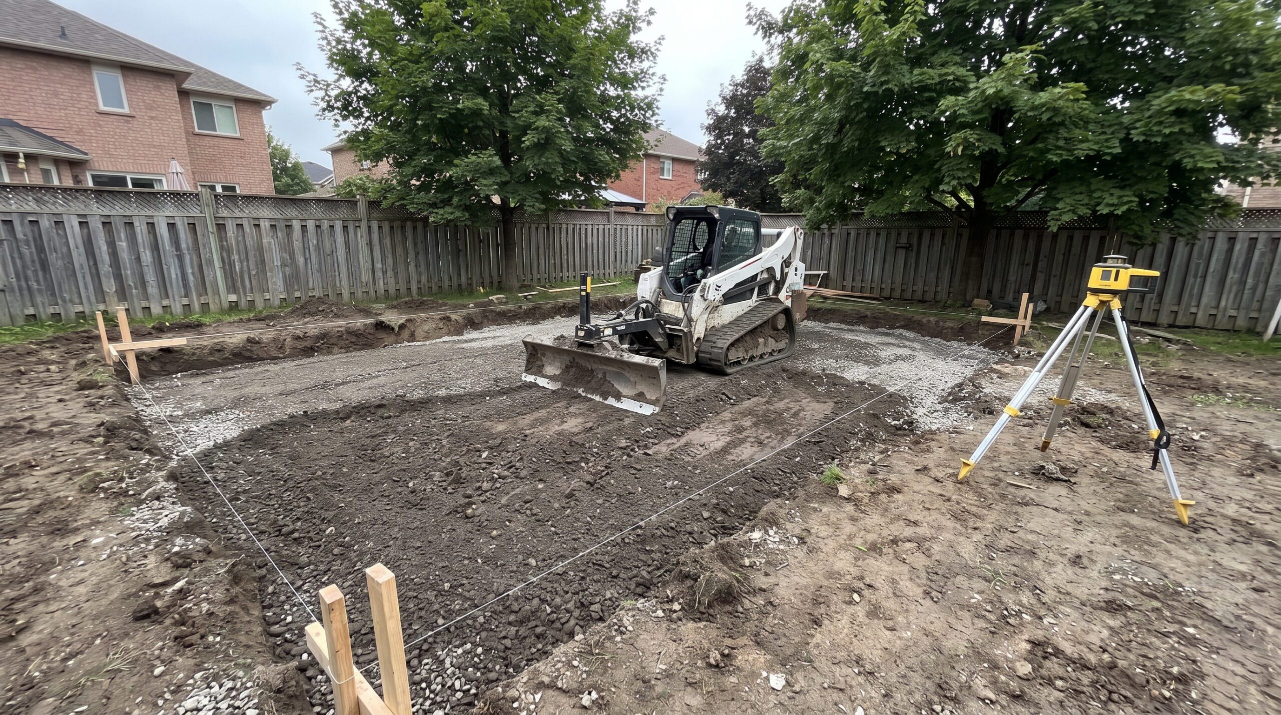 Laser-guided grading equipment leveling an excavated base for a backyard volleyball court