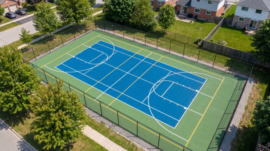 Aerial view of an outdoor multi-sport court with tennis, pickleball and basketball lines painted on an acrylic surface in Ontario