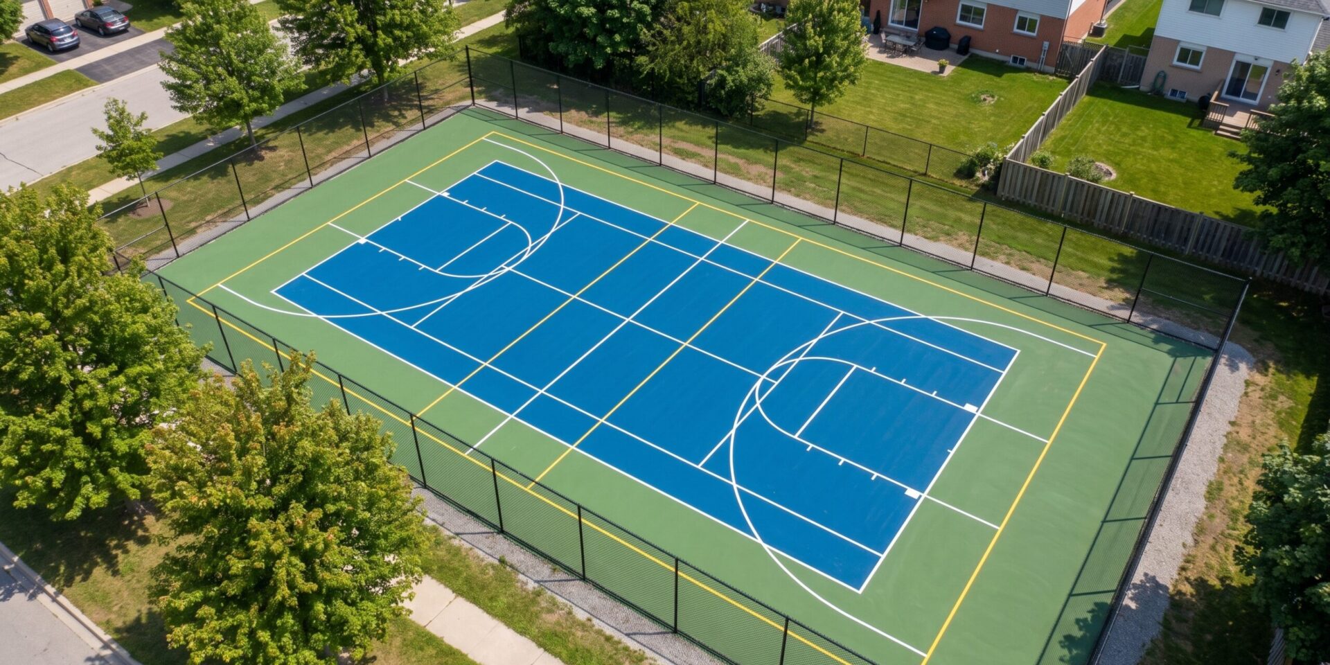 Aerial view of an outdoor multi-sport court with tennis, pickleball and basketball lines painted on an acrylic surface in Ontario