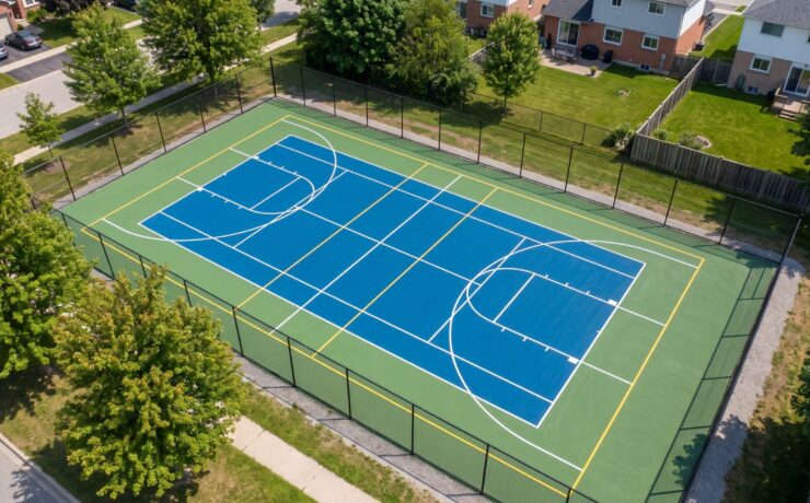 Aerial view of an outdoor multi-sport court with tennis, pickleball and basketball lines painted on an acrylic surface in Ontario