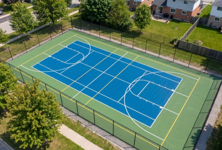 Aerial view of an outdoor multi-sport court with tennis, pickleball and basketball lines painted on an acrylic surface in Ontario