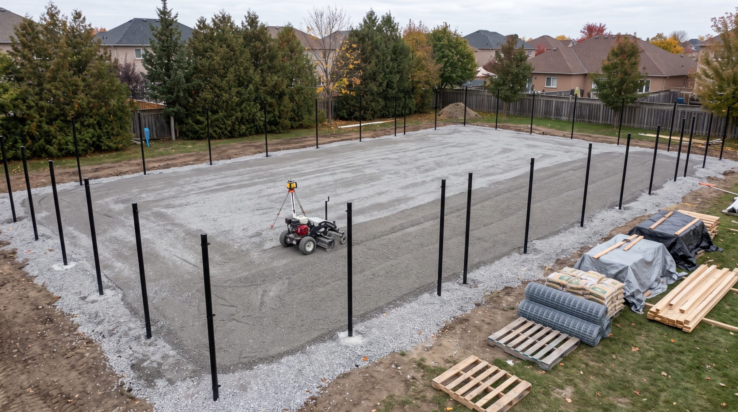 Crushed stone sub-base being laser graded during outdoor multi-sport court construction with new fence posts installed