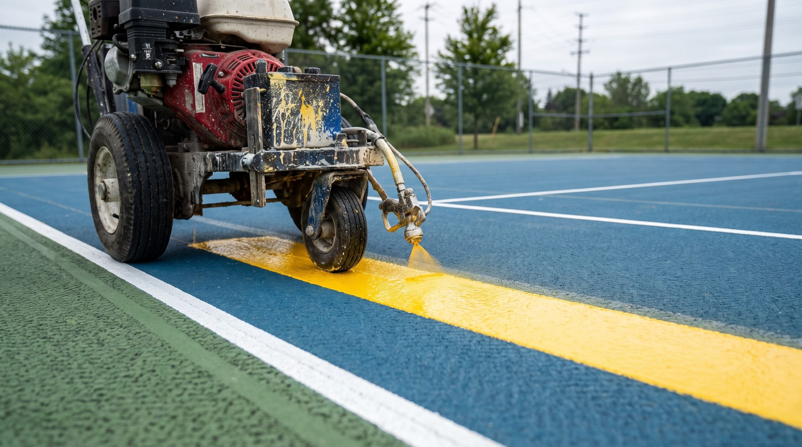 Line striping machine applying a fresh yellow boundary line on a blue acrylic multi-sport court surface