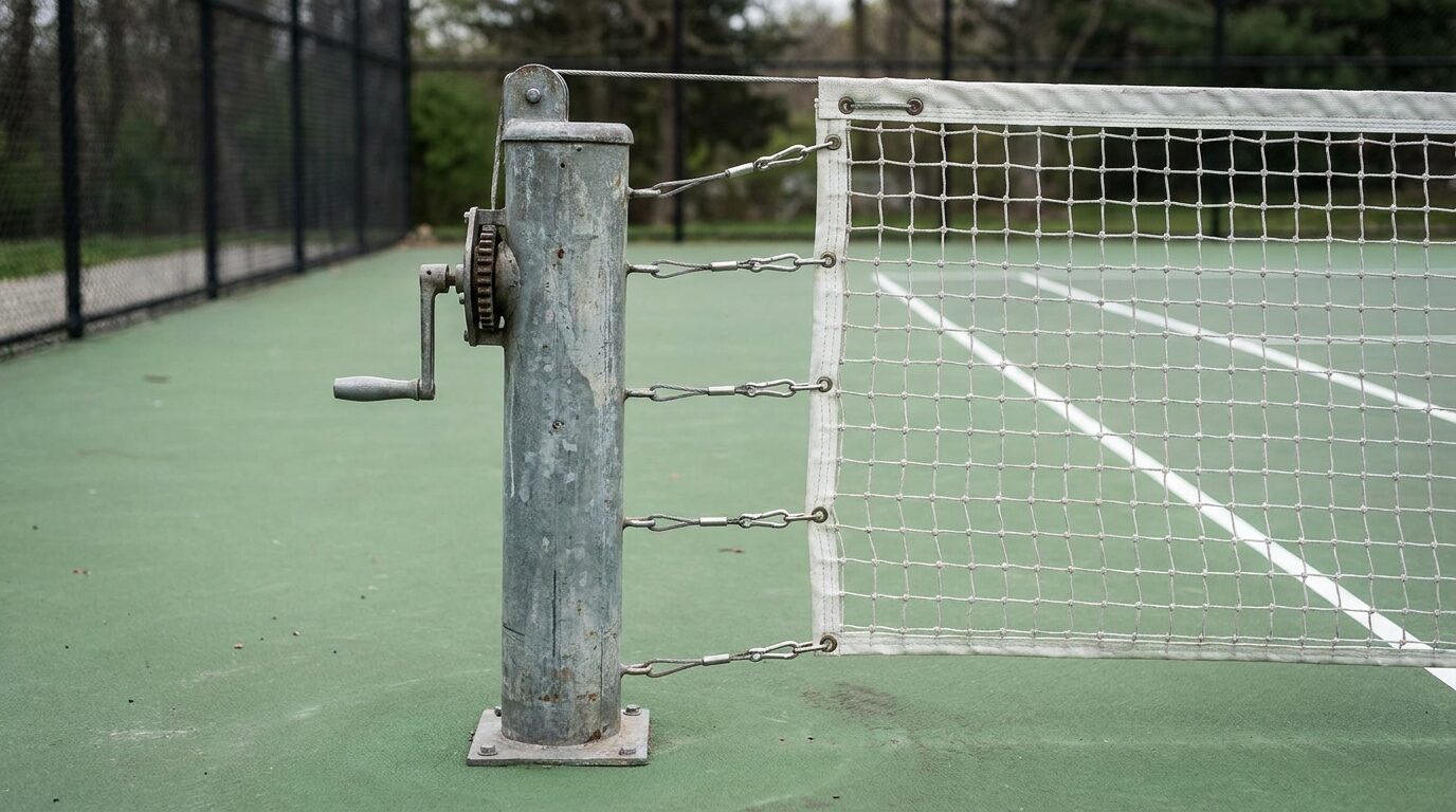 Close-up of an adjustable net post system used for pickleball height on a hard court