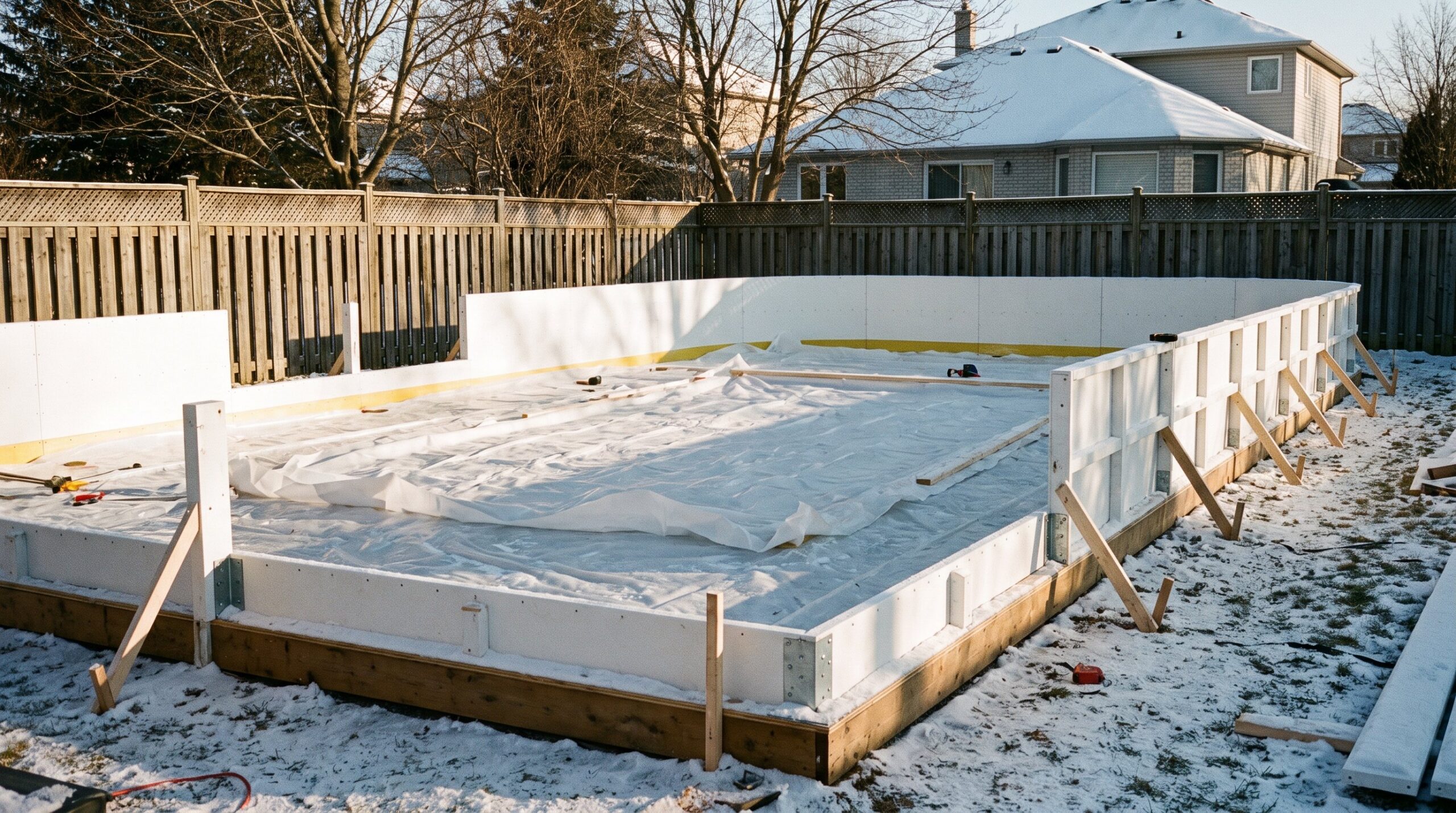 White modular rink boards and liner assembled around a backyard ice rink base in Ontario