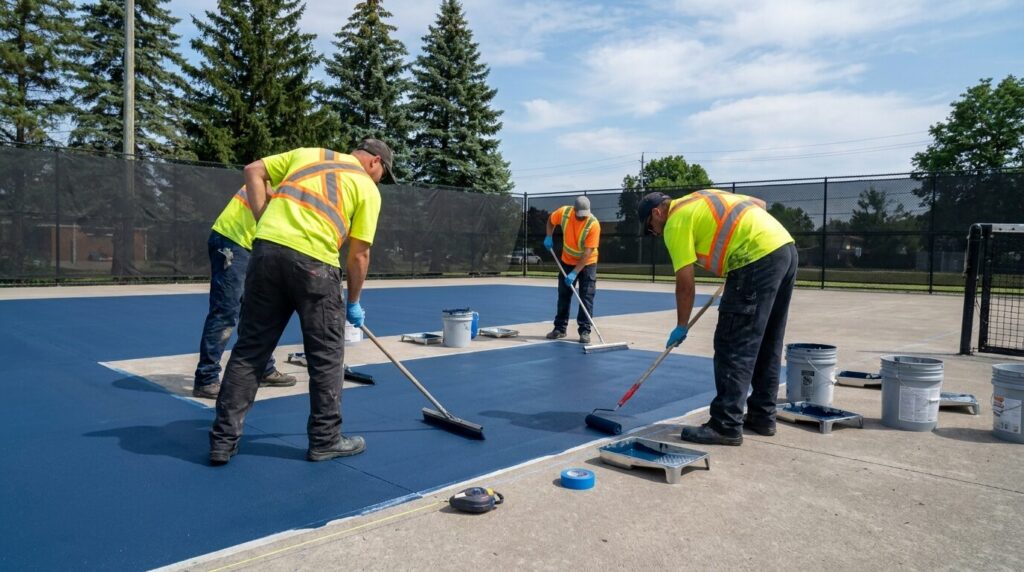 Crew resurfacing an outdoor tennis court in Ontario before a pickleball conversion