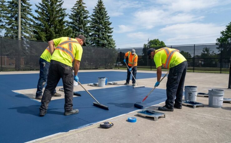 Crew resurfacing an outdoor tennis court in Ontario before a pickleball conversion