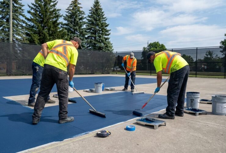 Crew resurfacing an outdoor tennis court in Ontario before a pickleball conversion