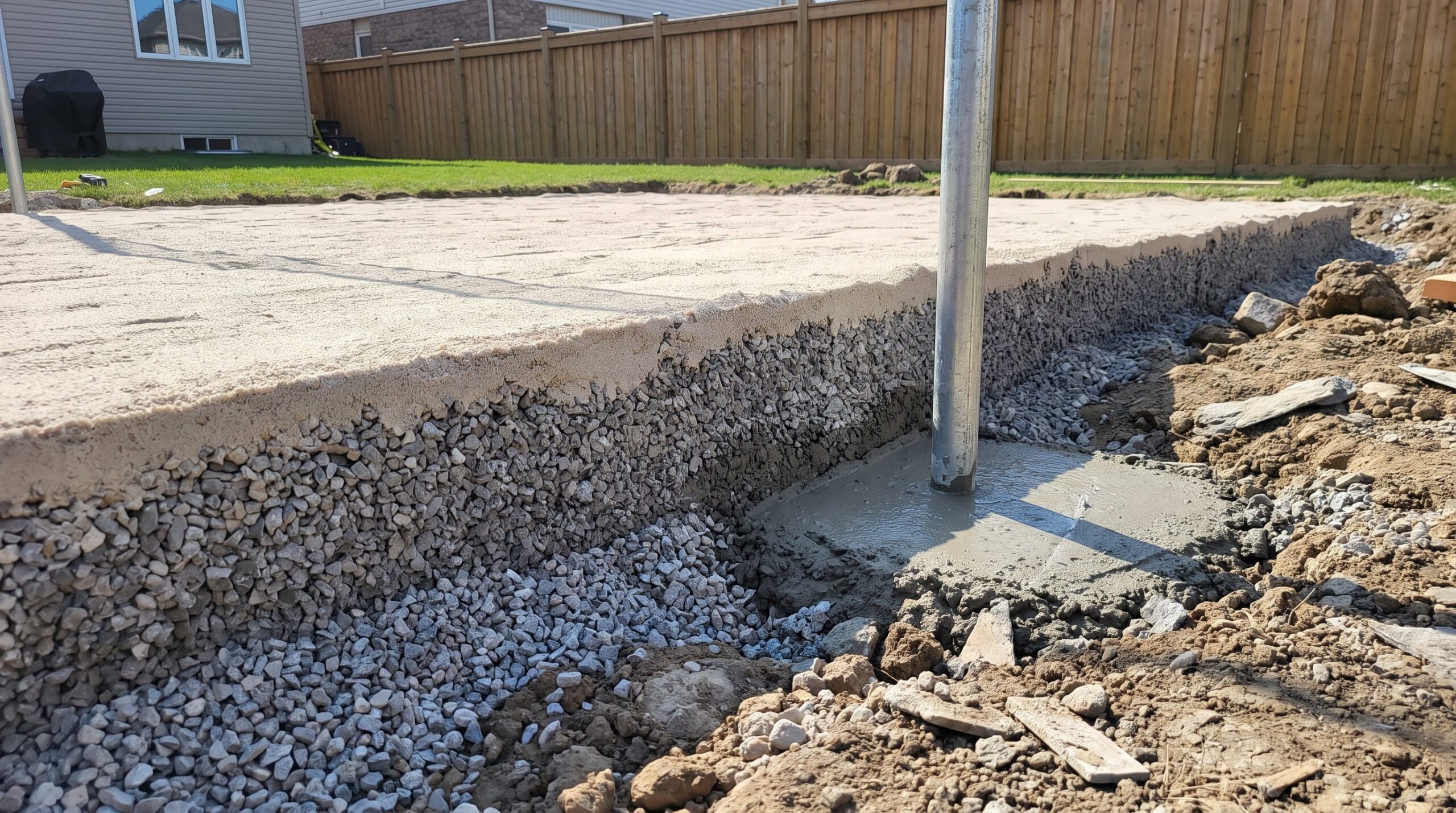 Layered gravel and sand base with a volleyball net post footing being set in concrete at a court edge