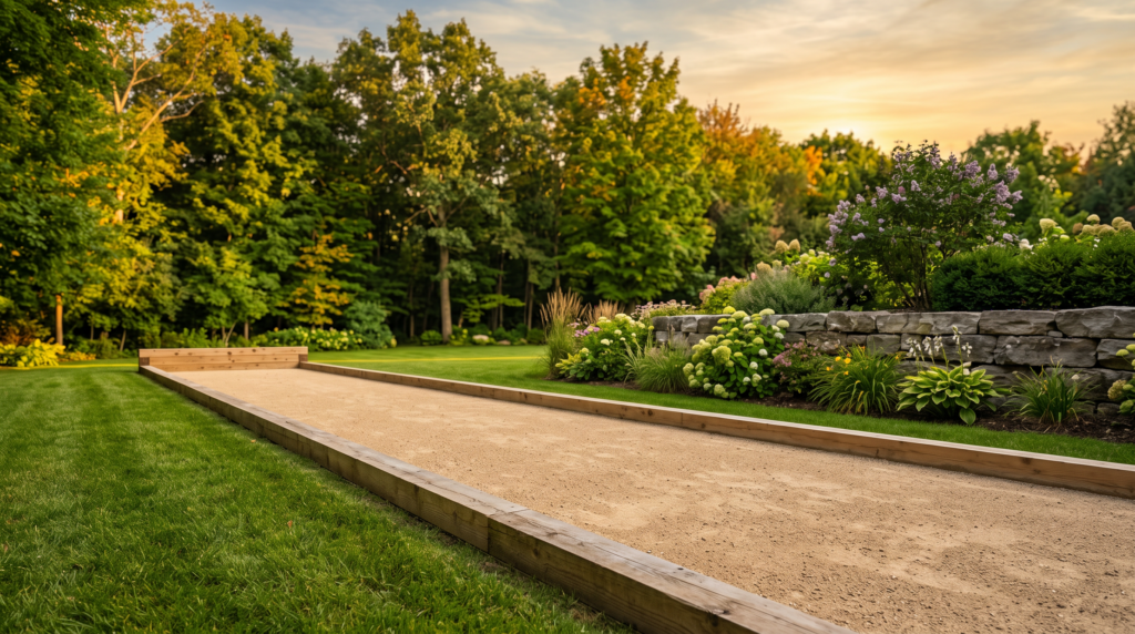 Finished outdoor bocce court with crushed stone surface and timber border in a landscaped Ontario backyard