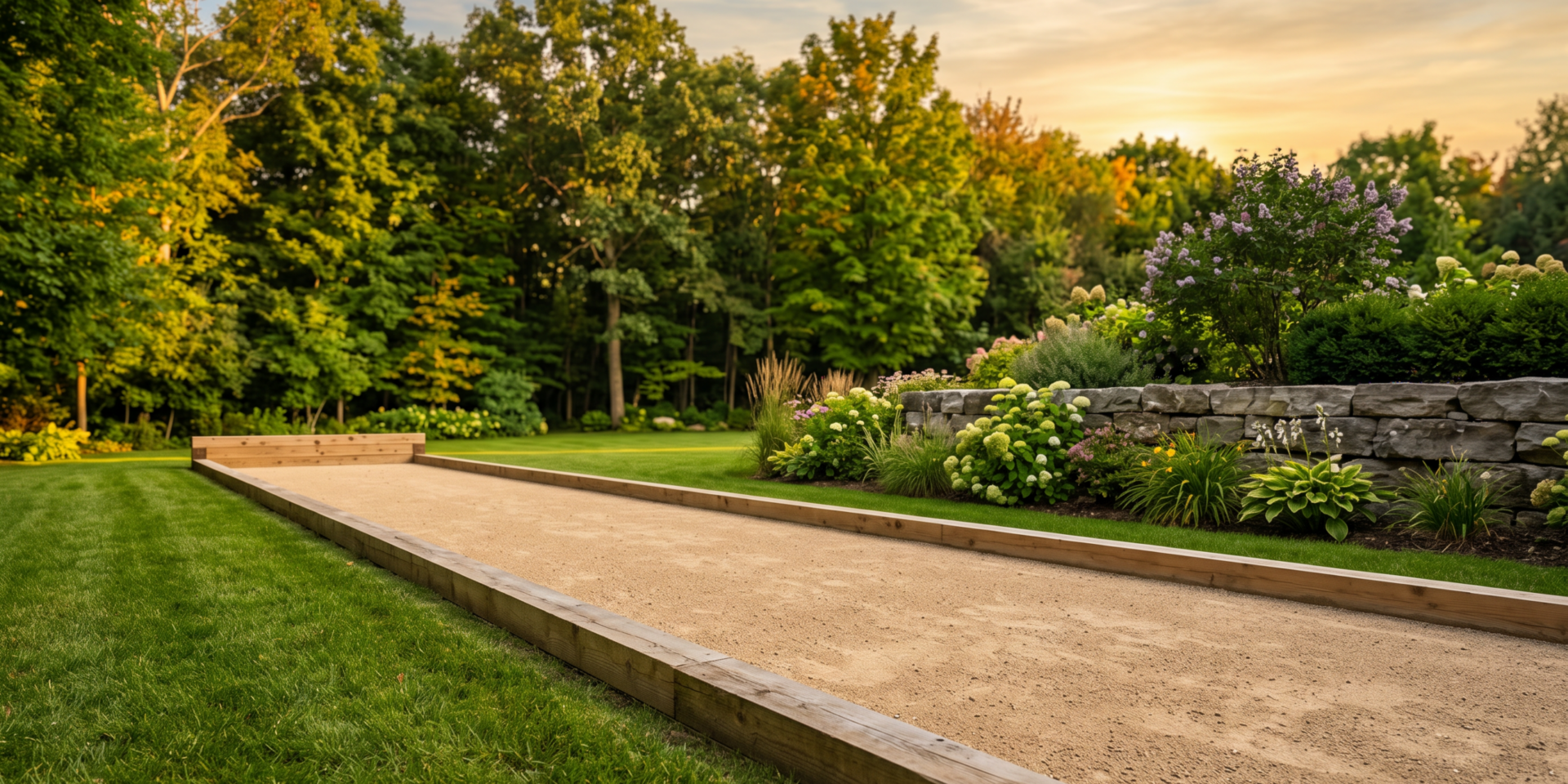 Finished outdoor bocce court with crushed stone surface and timber border in a landscaped Ontario backyard