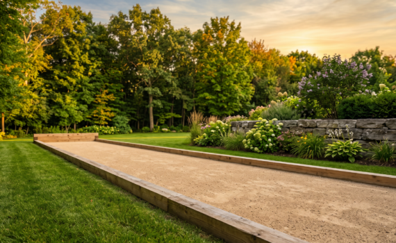 Finished outdoor bocce court with crushed stone surface and timber border in a landscaped Ontario backyard