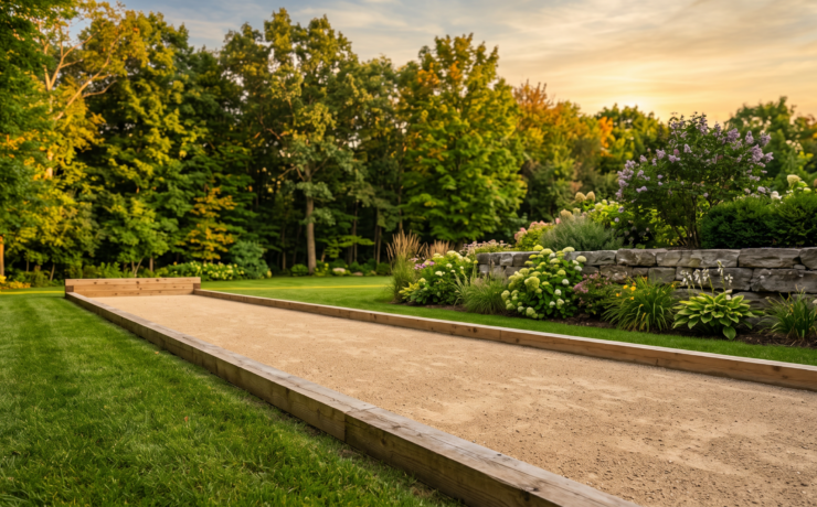 Finished outdoor bocce court with crushed stone surface and timber border in a landscaped Ontario backyard