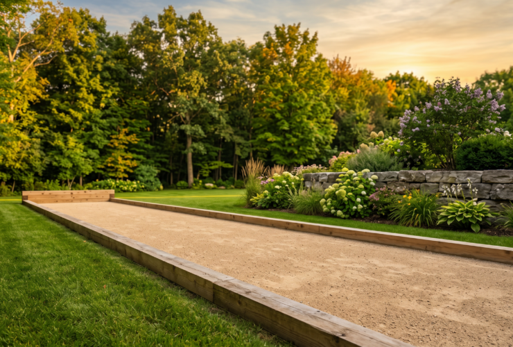 Finished outdoor bocce court with crushed stone surface and timber border in a landscaped Ontario backyard