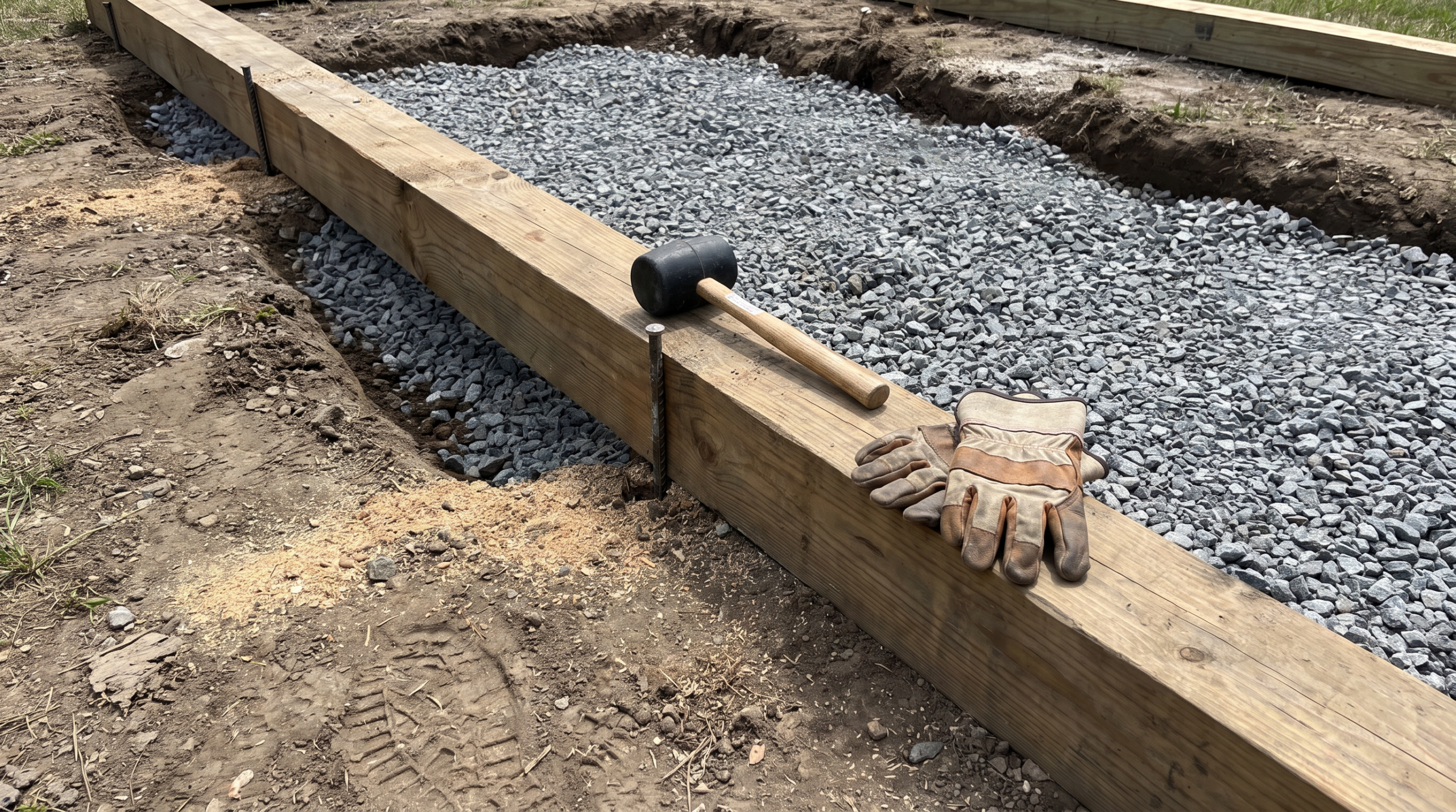 Close-up of a timber perimeter border being installed on a bocce court under construction with crushed stone base material visible
