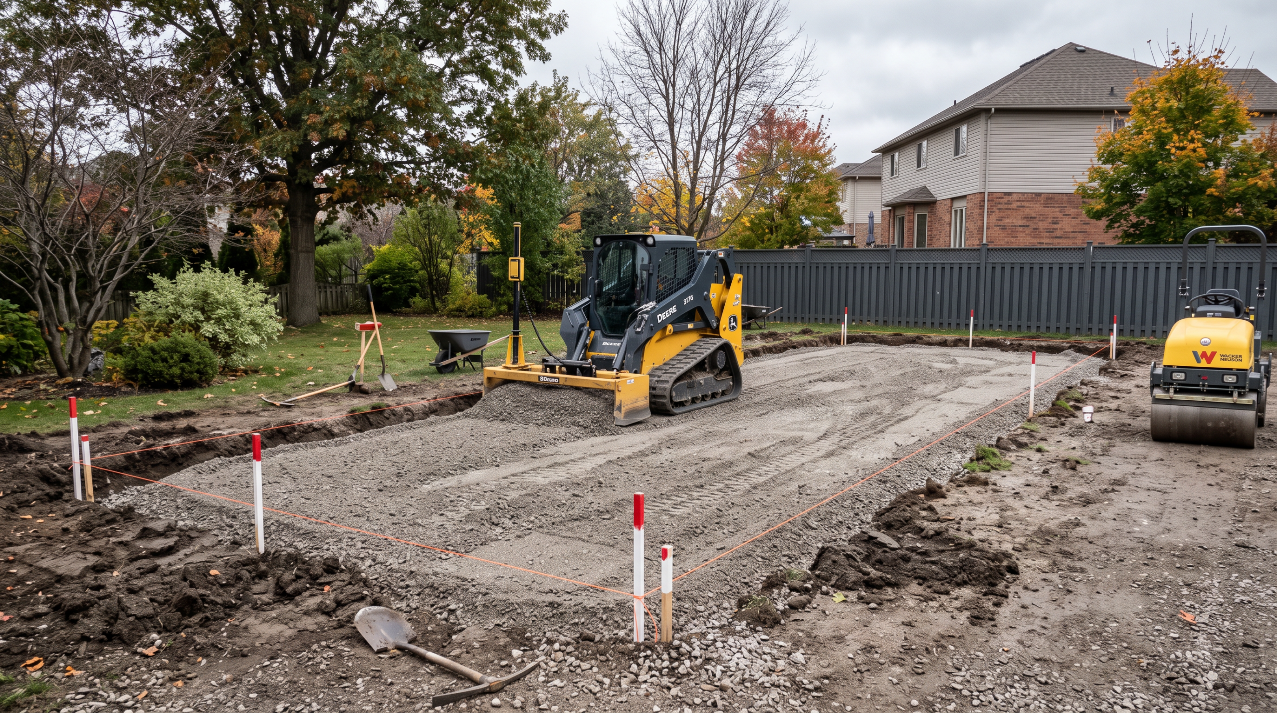 Laser-guided grading equipment leveling an excavated bocce court site in an Ontario backyard