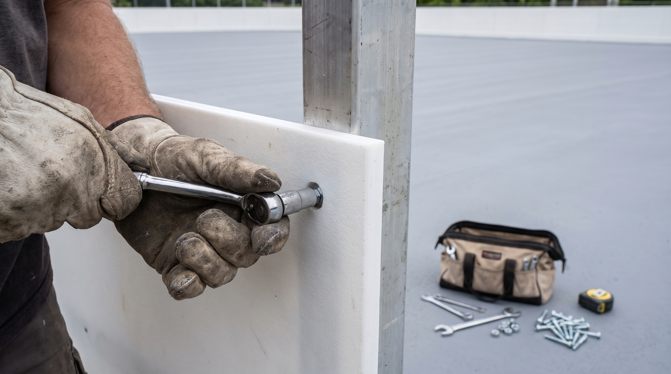 Contractor bolting a dasher board panel to a support post on a roller hockey court perimeter