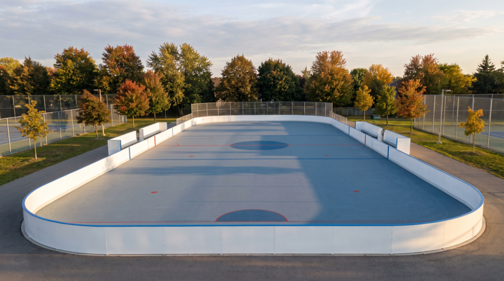 Newly finished outdoor roller hockey court with white dasher boards in an Ontario setting