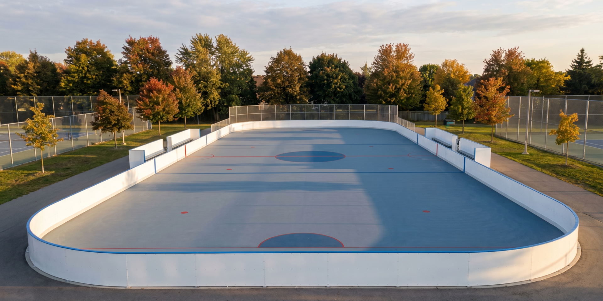 Newly finished outdoor roller hockey court with white dasher boards in an Ontario setting