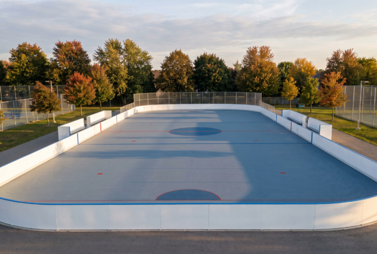 Newly finished outdoor roller hockey court with white dasher boards in an Ontario setting