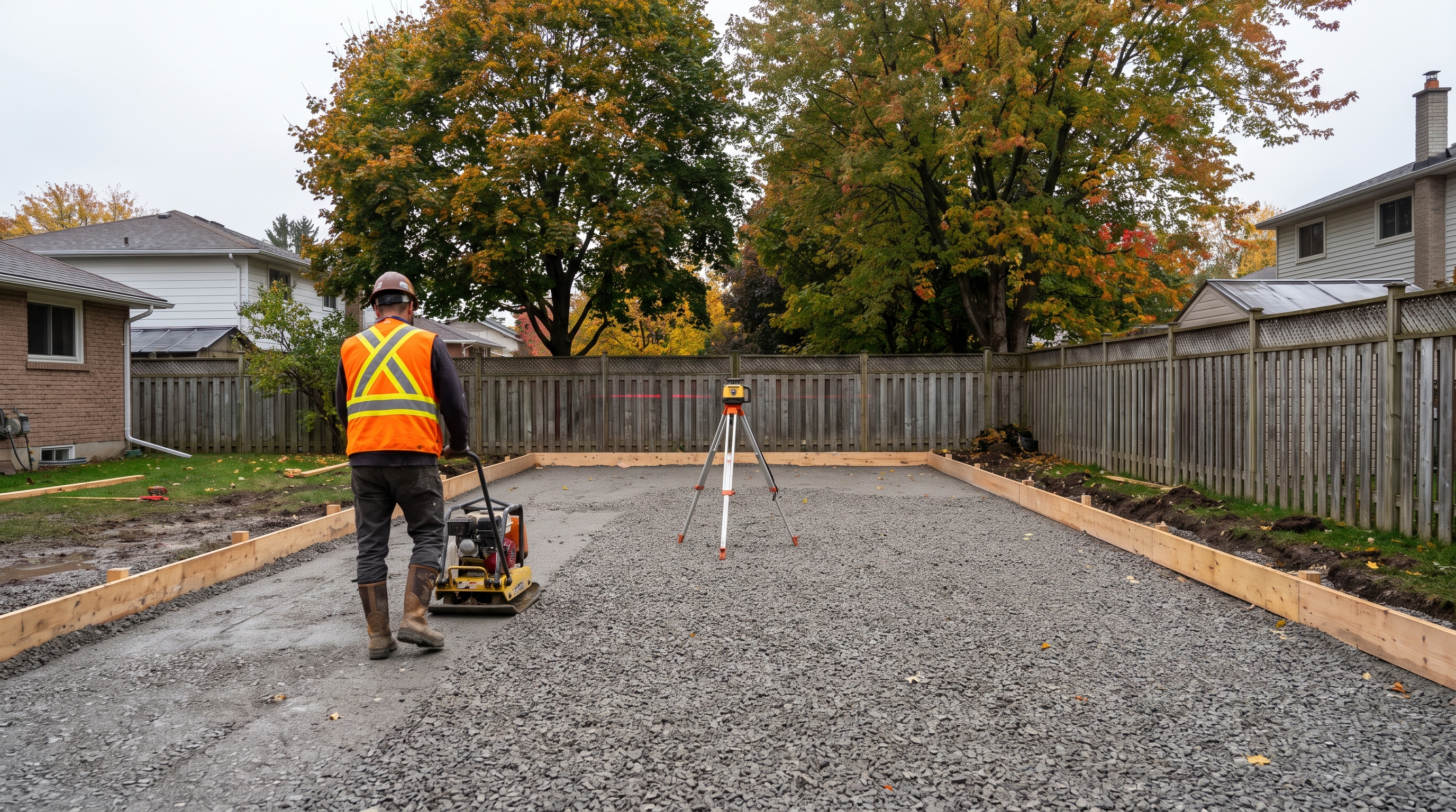 Contractor operating a plate compactor over a graded base for a roller hockey court in Ontario