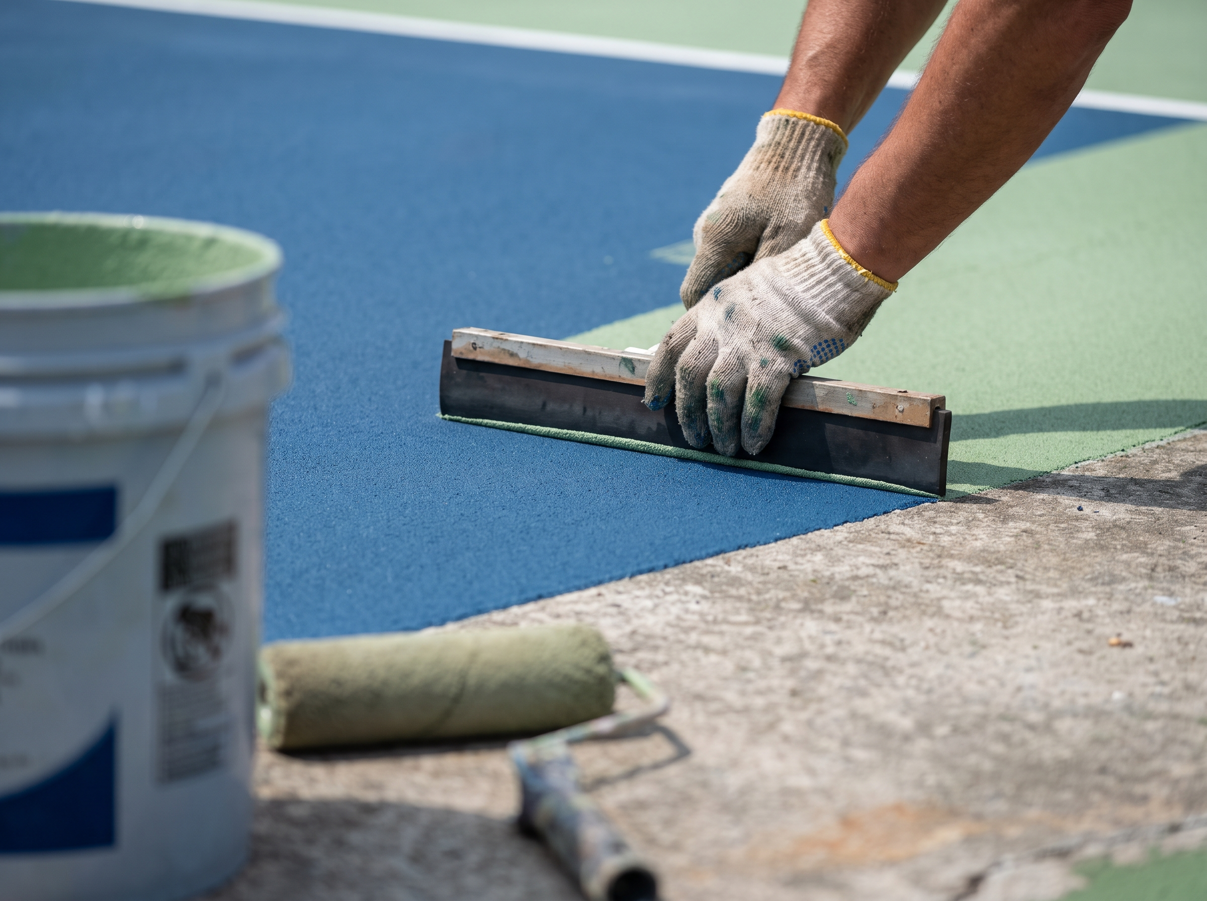 Contractor applying a colored acrylic coating with a squeegee showing the transition line between two court colors