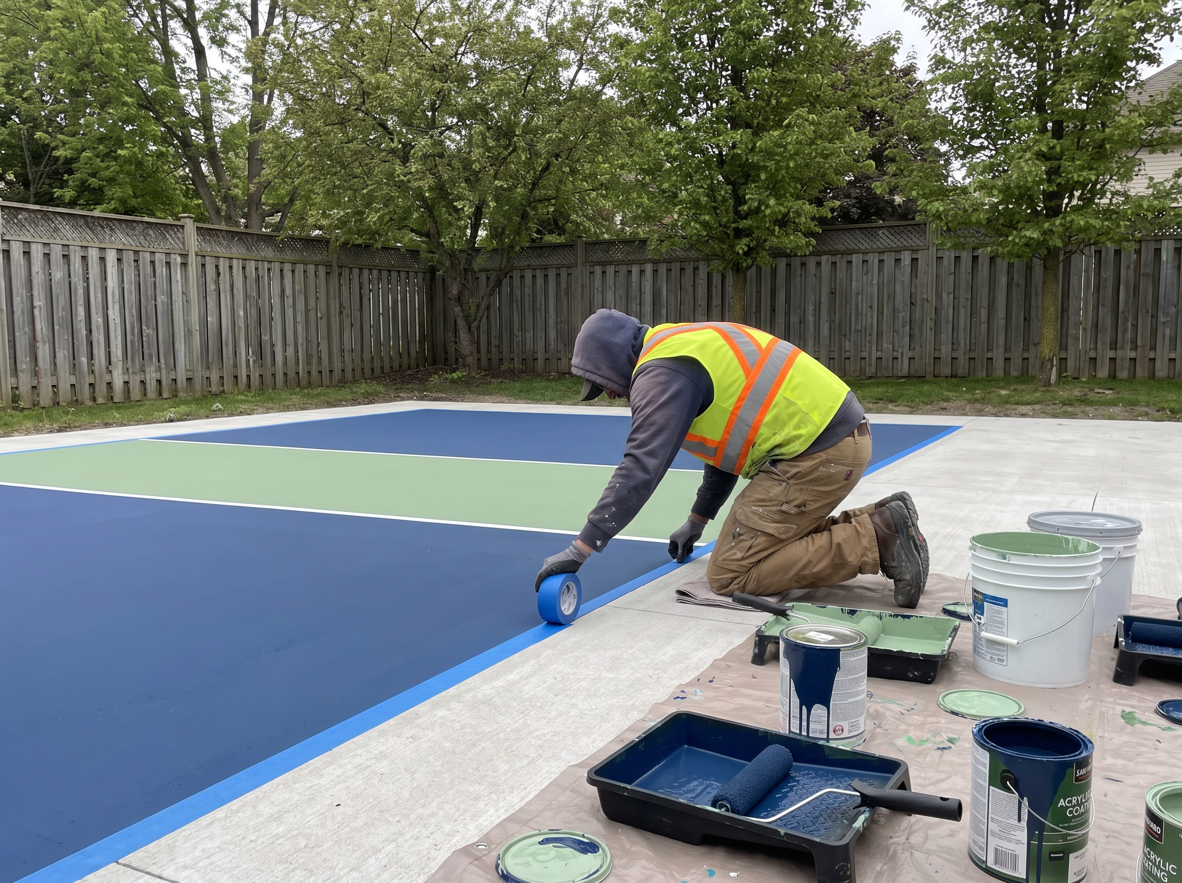 Contractor taping the boundary line between a dark blue pickleball court color and a lighter green kitchen zone color