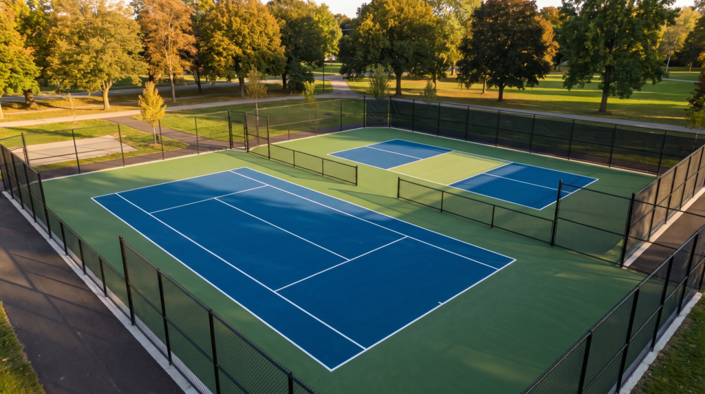 Finished tennis court in blue and green acrylic coating next to a pickleball court with a contrasting kitchen zone in an Ontario setting
