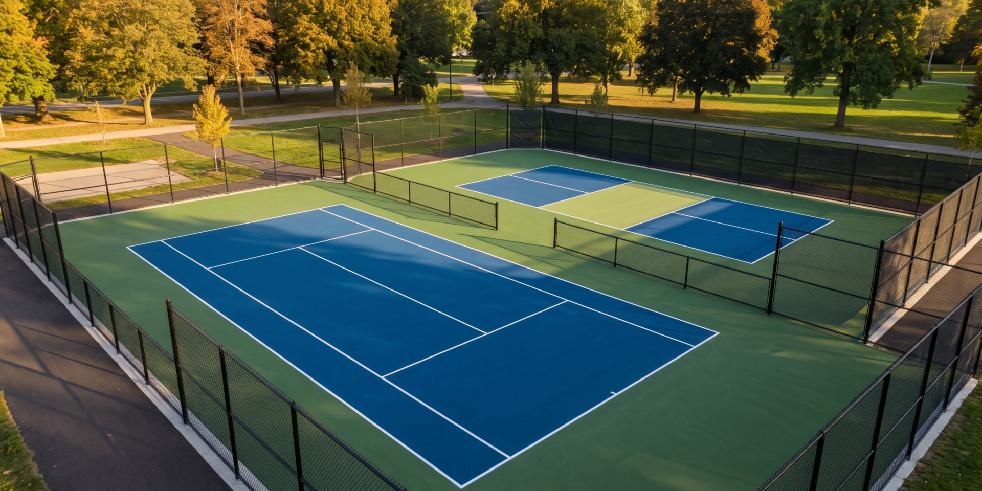 Finished tennis court in blue and green acrylic coating next to a pickleball court with a contrasting kitchen zone in an Ontario setting