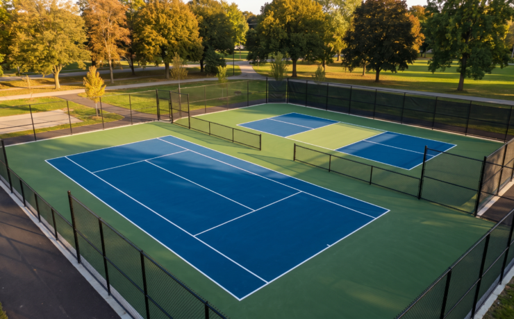 Finished tennis court in blue and green acrylic coating next to a pickleball court with a contrasting kitchen zone in an Ontario setting